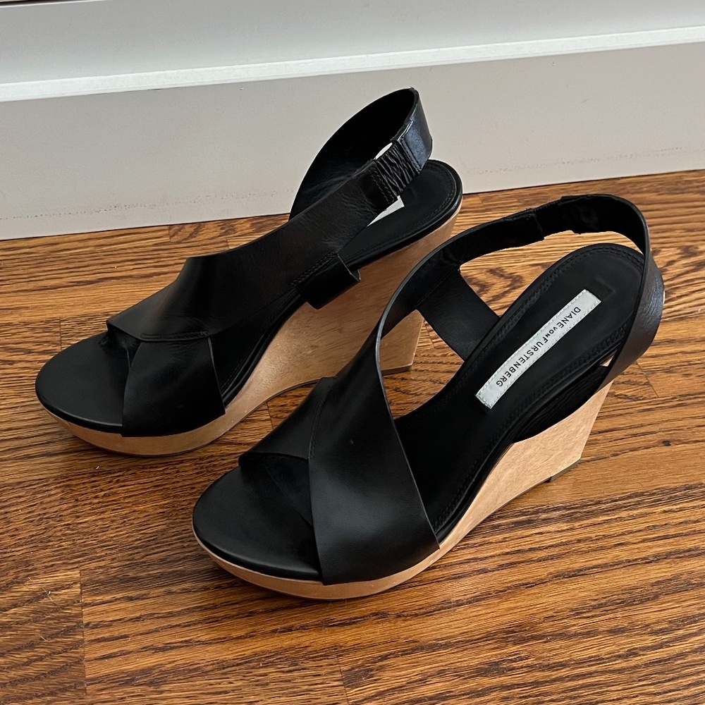 Diane von Furstenberg black leather platform wedges, size 7.5